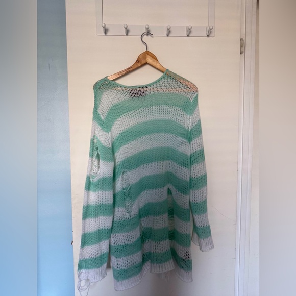 Killstar Sweaters - Killstar Mint blue and White Striped Off-the-Shoulder Sweater